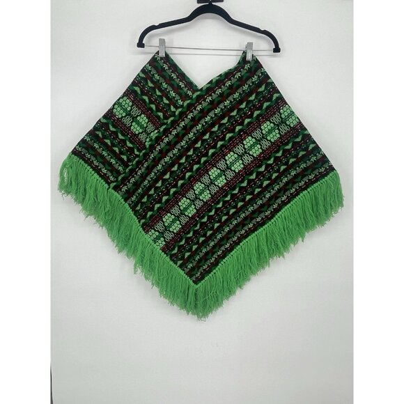 Vintage 70s Southwest Native Mexican  Fringe Poncho Red Green Black - Picture 1 of 5
